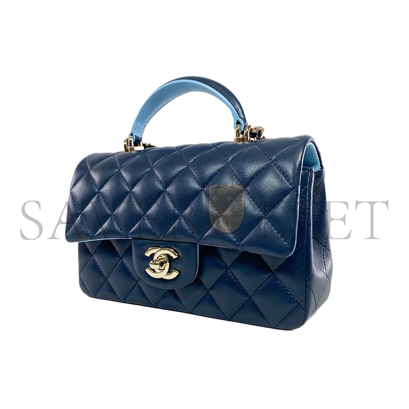 Ch*el mini top handle rectangular flap bag quilted lambskin navy and light blue 360047 (20*13*6cm)